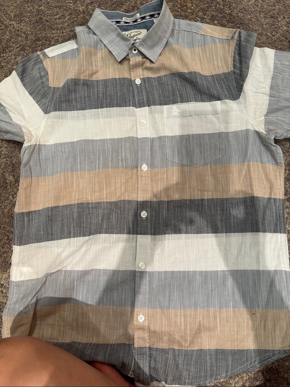 Original Penguin Striped Short-Sleeve Button-Down Shirt - Tan/Gray/White